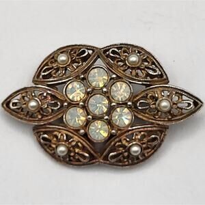 Vintage Sarah Coventry Rhinestones and Pearls Filigree Brooch Pin